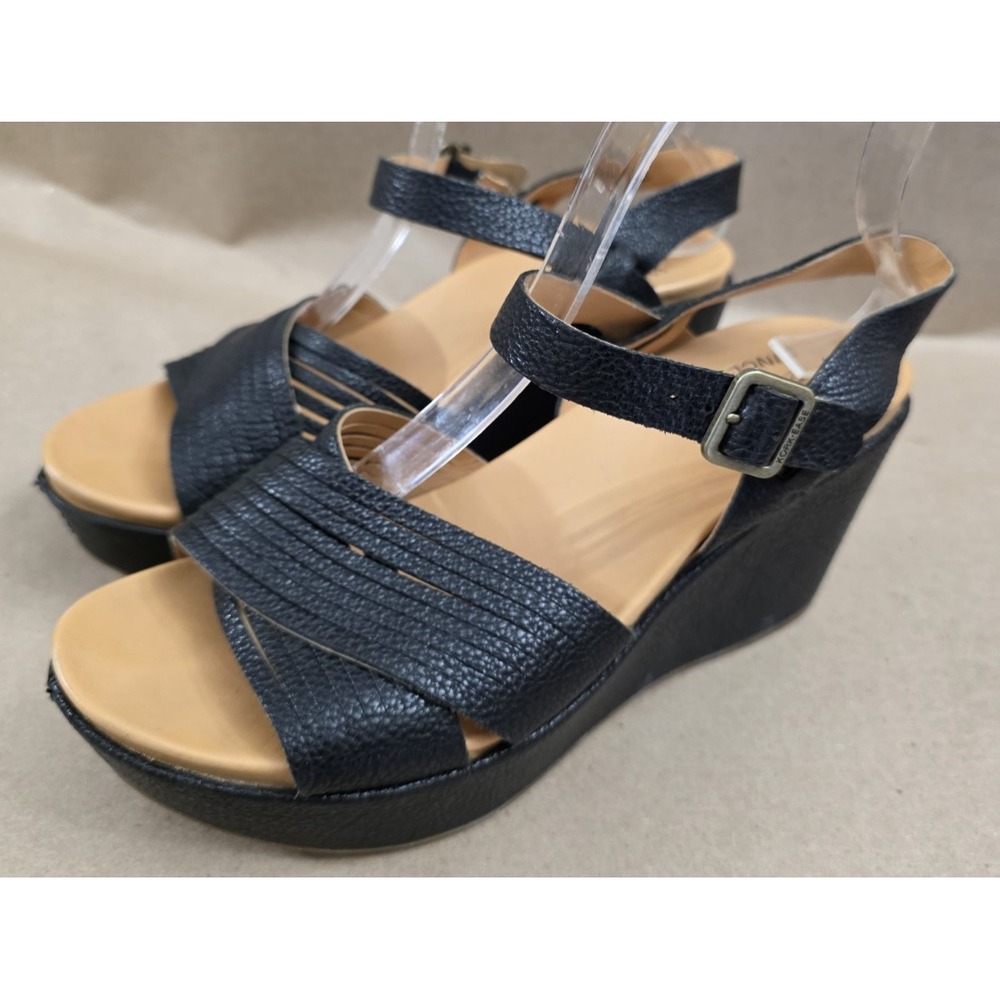 Kork Ease (Sz 8 M) Wedge Heel Sandals Womens Black Leather Strappy Comfort Shoes